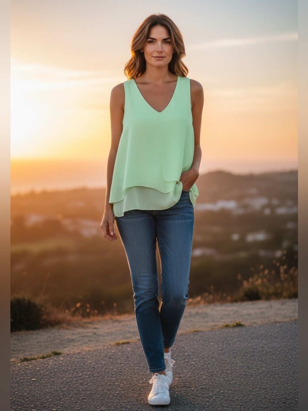Joseph Ribkoff Mint Green V-Neck Layered Sleeveless Top